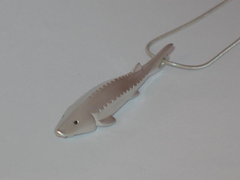 Sterling Silver Sturgeon Pendant with Black Diamond Eyes