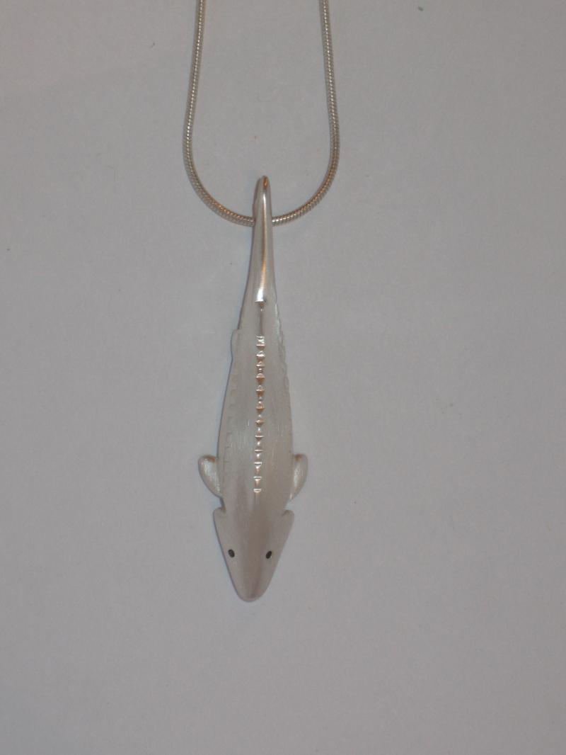 Sterling Silver Sturgeon Pendant with Black Diamond Eyes