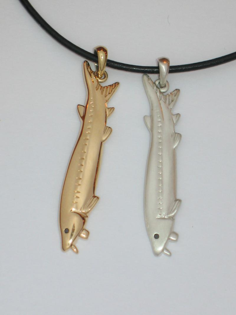 14K Gold and Sterling Silver Lake Sturgeon Pendants with Black Diamond Eye